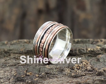 Two-Tone 925 Sterling Silver Spinner Ring: Anxiety Fidget Thumb Ring