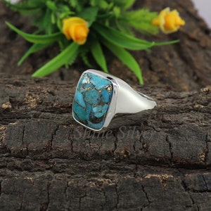 Turquoise Ring, Copper Turquoise Men Ring, Sterling Silver Signet Ring, Turquoise Signet Ring, Turquoise Statement Rings, Engagement Ring image 5