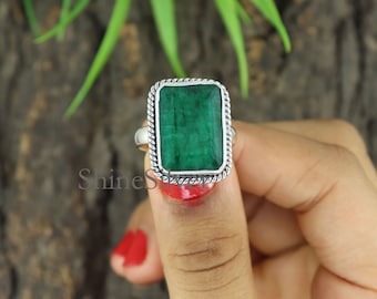Large Raw Emerald Ring, Octagon Stone Ring, Sterling Silver Ring, Statement Ring, Bohemian Ring, Women&#39;s Ring, Gift for Her, Everyday Ring