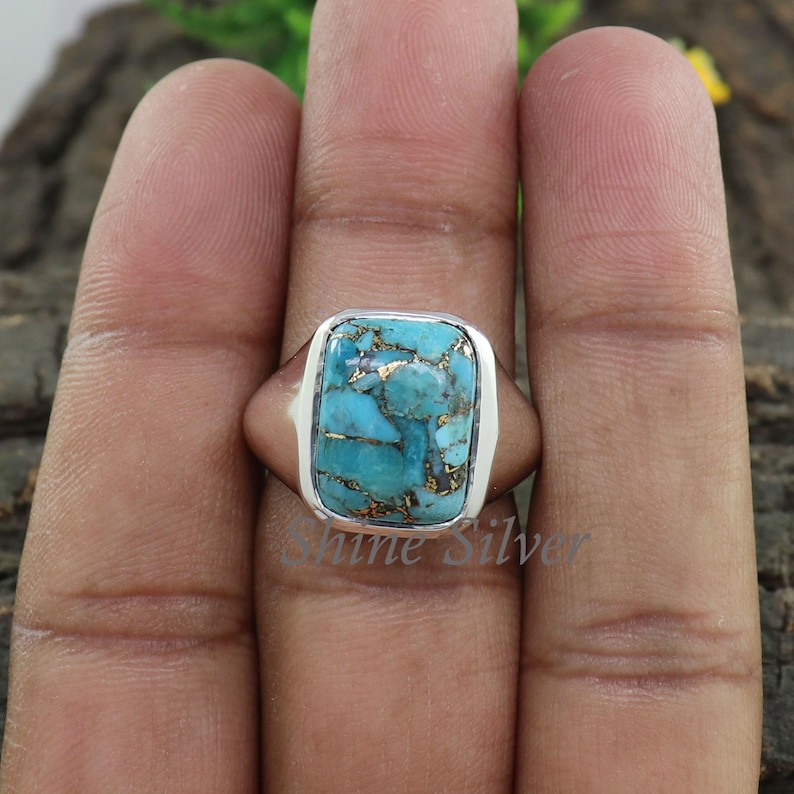 Turquoise Ring, Copper Turquoise Men Ring, Sterling Silver Signet Ring, Turquoise Signet Ring, Turquoise Statement Rings, Engagement Ring image 2