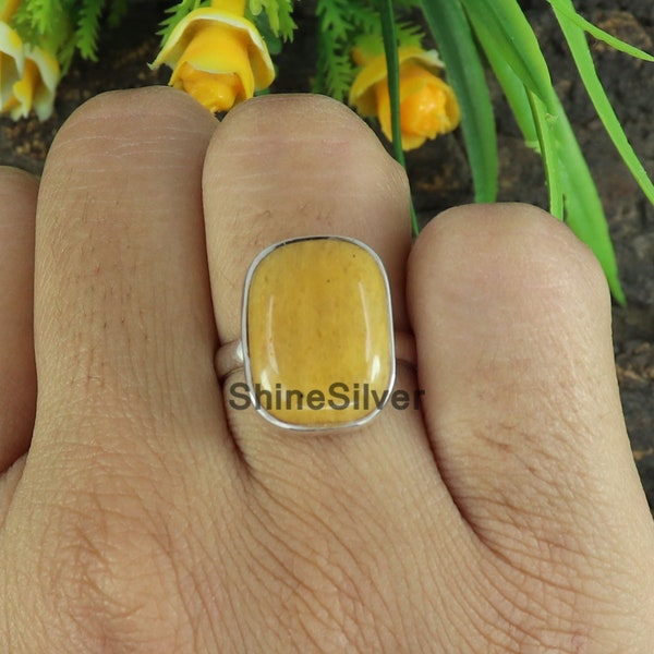 Bague en jade jaune naturel, bague en pierre jaune, bague en argent 925, bague pour femme, bague de promesse, bague de mariage, bague de tous les jours, cadeau pour elle