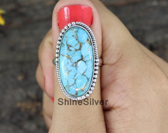 Bague cuivre bleu turquoise : bague en argent sterling 925