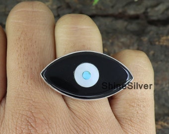 Black Onyx Evil Eye Ring: Handmade 925 Sterling Silver
