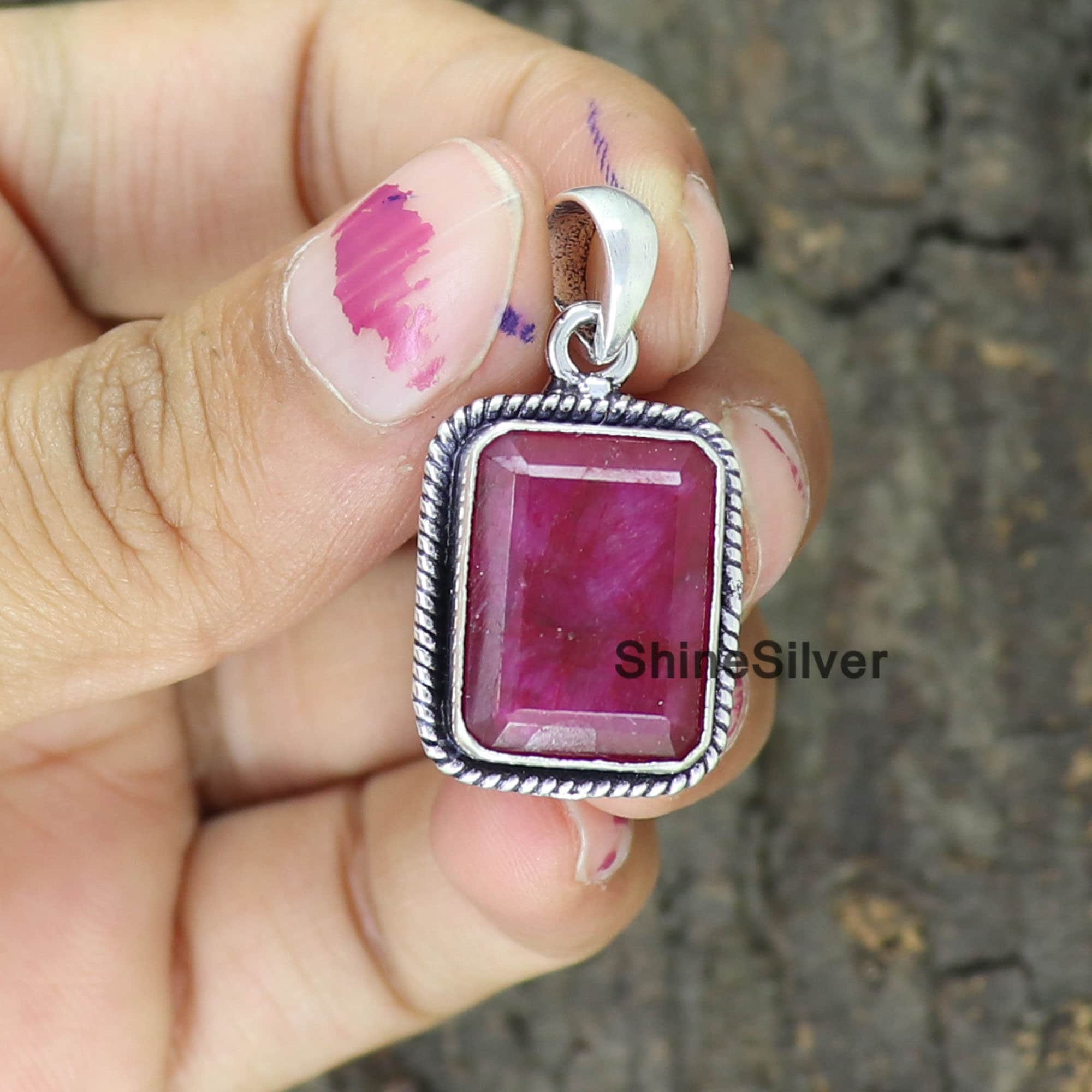 Raw Ruby 925 Sterling Silver Pendant - Vintage Gemstone Necklace