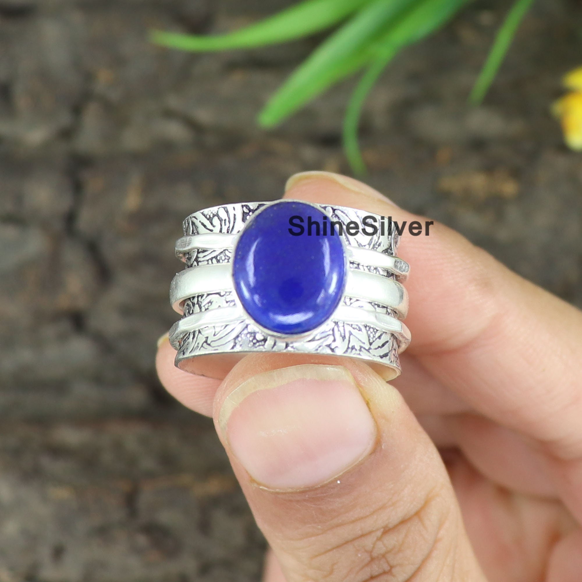 Anello Boho In Argento 925 Con Lapislazzuli Blu – Stile Bali Con Fascia Doppia – Gioiello Dichiarazione Donna
