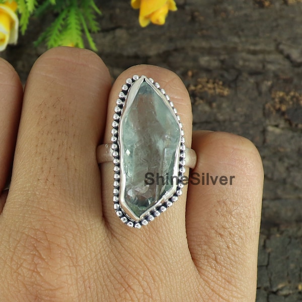 Natural Raw Green Amethyst Ring, 925 Silver Ring, Natural Raw Prasiolite Ring, Large Stone Ring, Rings for Women, Gift For Her, Promise Ring