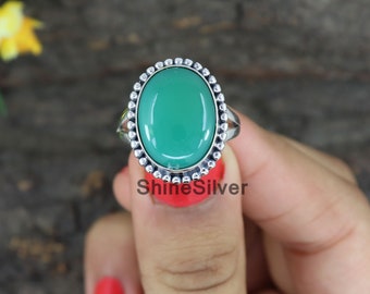 Chrysoprase Statement Ring, 925 Sterling Silver, Green Gemstone