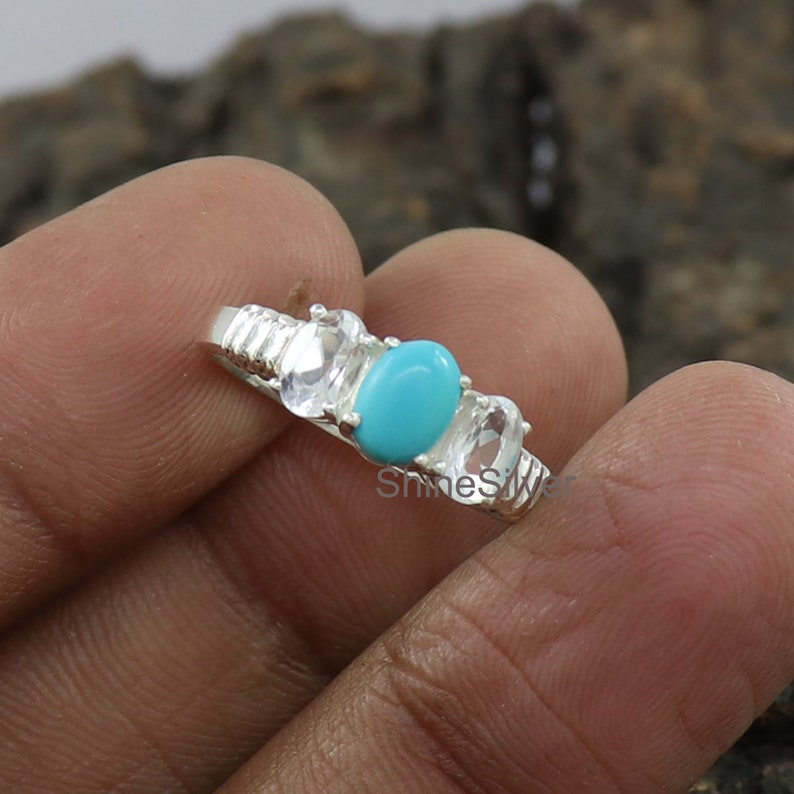 Natural Turquoise Ring, White Topaz Ring, Sterling Silver Ring, Bridesmaid Turquoise Jewelry, Rings for Women, Gift for Girls, Gift for Her image 1