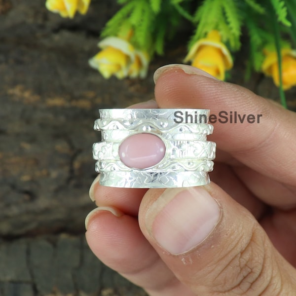 Pink Opal Spinner Ring, 925 Silver Ring, Pink Gemstone Spinner Ring, Fidget Ring, Thumb Ring, Meditation Ring, Worry Ring, Gift For Her