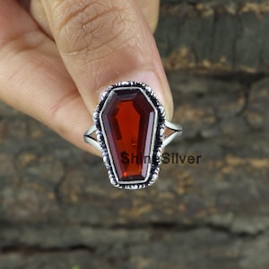 Garnet Coffin Ring: Handmade 925 Sterling Silver Gemstone Ring
