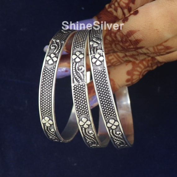 Oxidized Sterling Silver Floral Bangles, Set of 3, West Indian