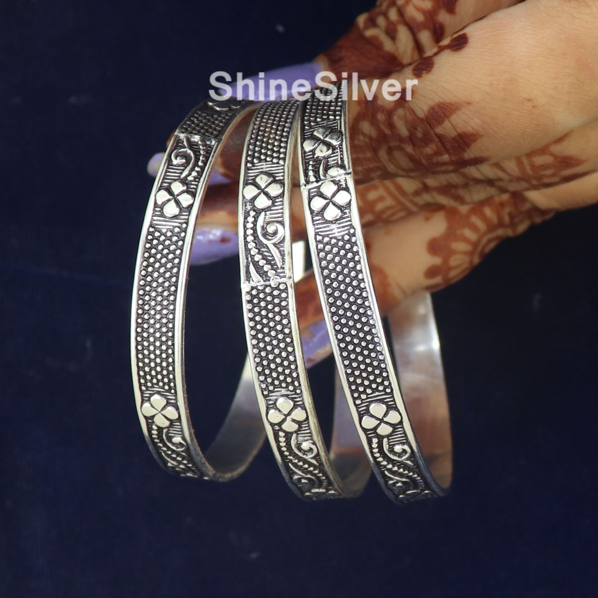 Oxidized Sterling Silver Floral Bangles, Set of 3, West Indian