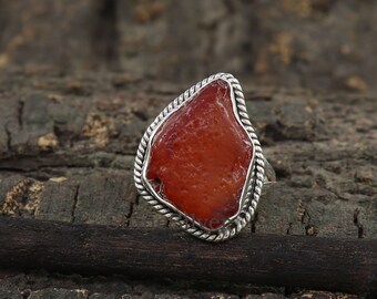Raw Carnelian Sterling Silver Ring, Healing Crystal, Boho Jewelry