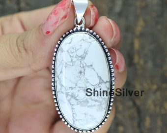 White Howlite 925 Sterling Silver Pendant - Boho Gemstone Necklace