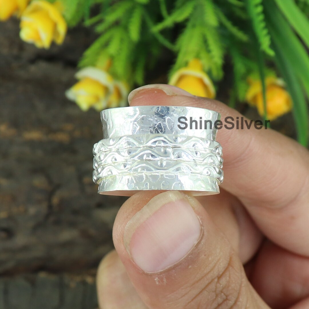 Sterling Silver Wide Band Spinner Ring: Meditation Anxiety Fidget Ring ...