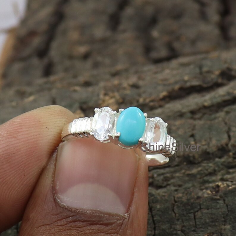 Natural Turquoise Ring, White Topaz Ring, Sterling Silver Ring, Bridesmaid Turquoise Jewelry, Rings for Women, Gift for Girls, Gift for Her image 2