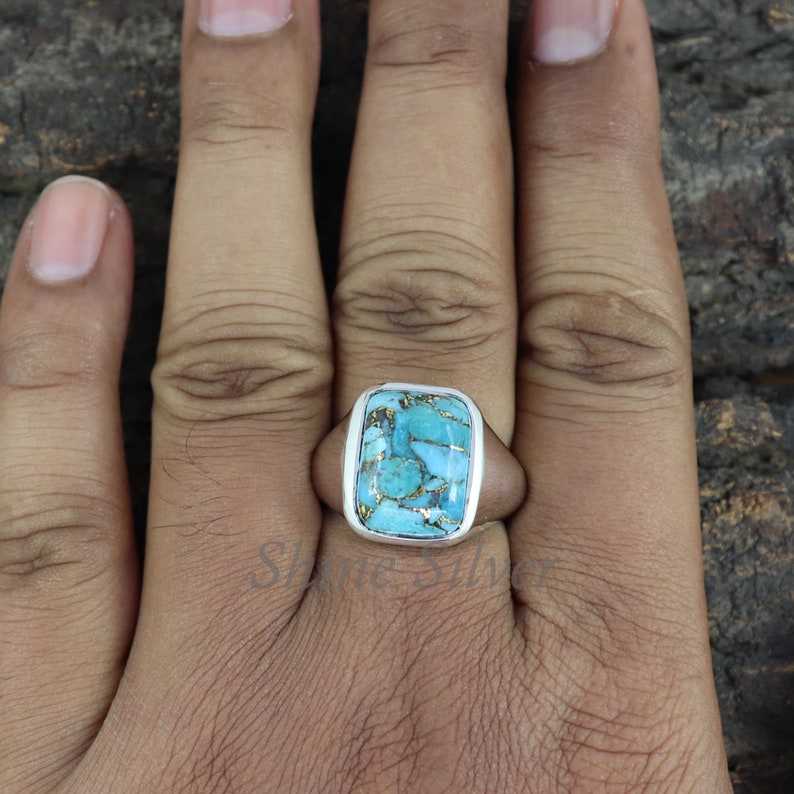 Turquoise Ring, Copper Turquoise Men Ring, Sterling Silver Signet Ring, Turquoise Signet Ring, Turquoise Statement Rings, Engagement Ring image 4