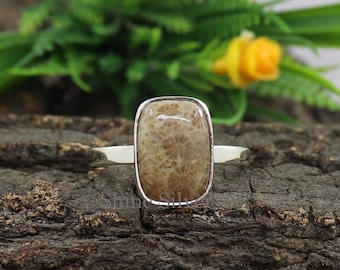 Natural Fossil Coral Ring: Cushion 925 Sterling Silver Ring