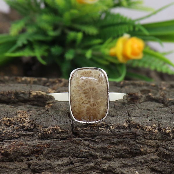 Natural Fossil Coral Ring, Sterling Silver Ring, Cushion Jasper Gemstone Ring, Bridesmaid Ring, Sister Gift, Gift for Mother, Women's Ring