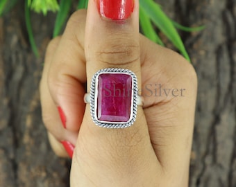 Large Raw Ruby Sterling Silver Ring: Bohemian Octagon Stone