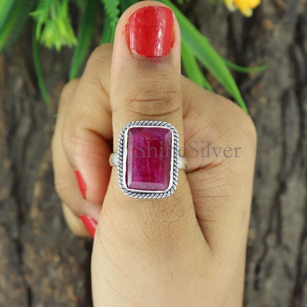 Large Raw Ruby Ring, Sterling Silver Ring, Bohemian Ring, Octagon Stone Ring, Gift for Her, Everyday Ring, Ring for Girls, Silver Bezel Ring