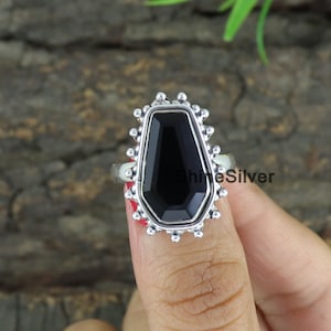 Black Onyx Ring, 925 Sterling Silver Ring, Boho Statement Ring, Bohemian Ring, Women&#39;s Ring, Coffin Stone Ring, Designer Gift Ring