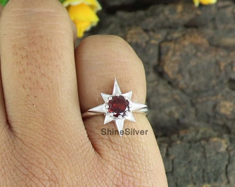 Natural Garnet Ring, Garnet Starburst Ring, 925 Sterling Silver Ring, Birthstone Ring, January Ring, Minimalist Ring, Rings for Women