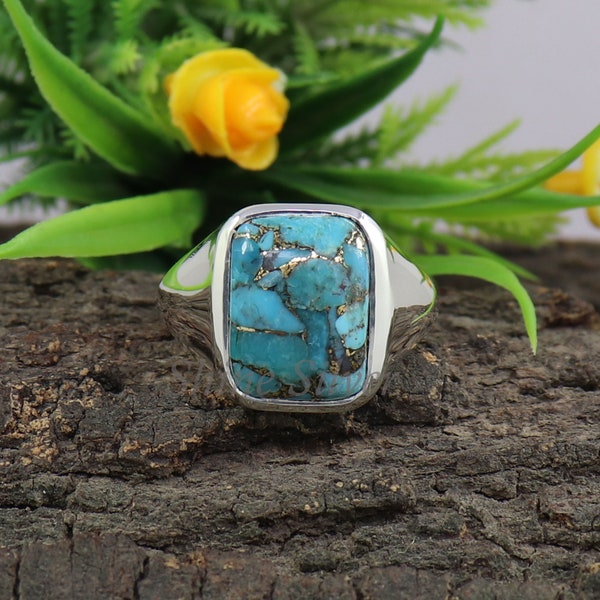 Turquoise Ring, Copper Turquoise Men Ring, Sterling Silver Signet Ring, Turquoise Signet Ring, Turquoise Statement Rings, Engagement Ring