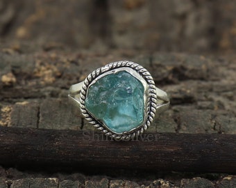 Natural Raw Apatite Ring, Sterling Silver Ring, Bohemian Ring, Organic Raw Gemstone Ring, Cocktail Ring, Ring For Women's, Girls Silver Ring