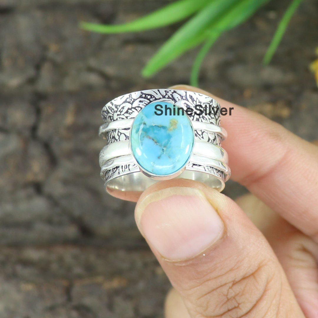 Kingman Turquoise Spinner Ring: Boho 925 Sterling Silver Statement Ring ...
