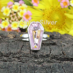 Pink Quartz Ring, Sterling Silver Ring, Gemstone Ring, Coffin Ring, Handmade Ring, Statement Ring, Boho Ring, Gifts for Mom, Gift For Her