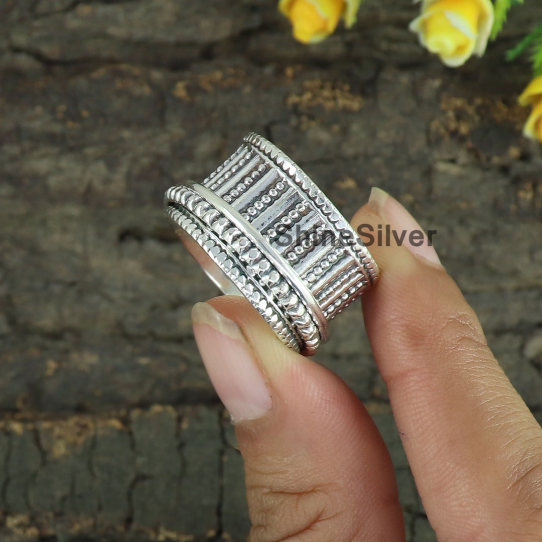 Sterling Silver Spinner Ring: Wide Band Meditation, Fidget, Worry Ring ...
