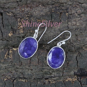 Blue Sapphire Earrings, Raw Blue Sapphire Earring, Sterling Silver Earring, Dangle Drop Earring, Handmade Silver Earrings, Women Earrings