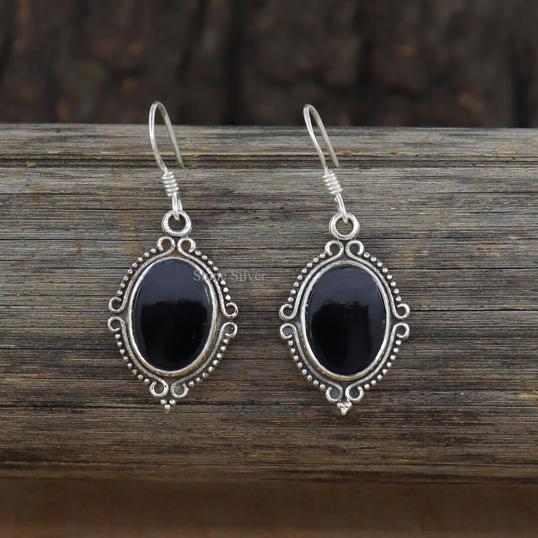 Natural Black Onyx Earring, 925 Sterling Silver Earring, Onyx Silver
