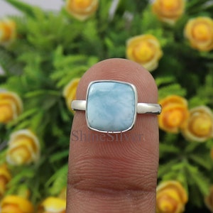 Natural Larimar Ring, Sterling Silver Ring, Cushion Gemstone Statement Ring, Blue Stone Ring, Bridal Ring, Wedding Ring, Daily Wear Ring