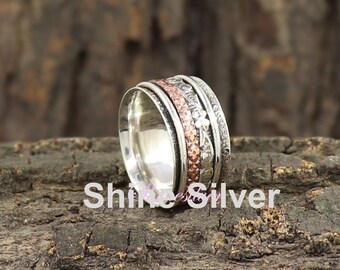 Three Tone Spinner Ring, Sterling Silver  Spin Ring, Thumb Ring, Anxiety Ring, Fidget Ring, Meditation Ring, Spinner Ring, Women Boho Ring