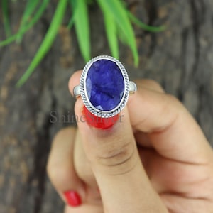Large Raw Blue Sapphire Ring, Sterling Silver Ring, September Birthstone Ring, Bohemian Ring, Boho Statement Ring, Healing Gemstone Ring