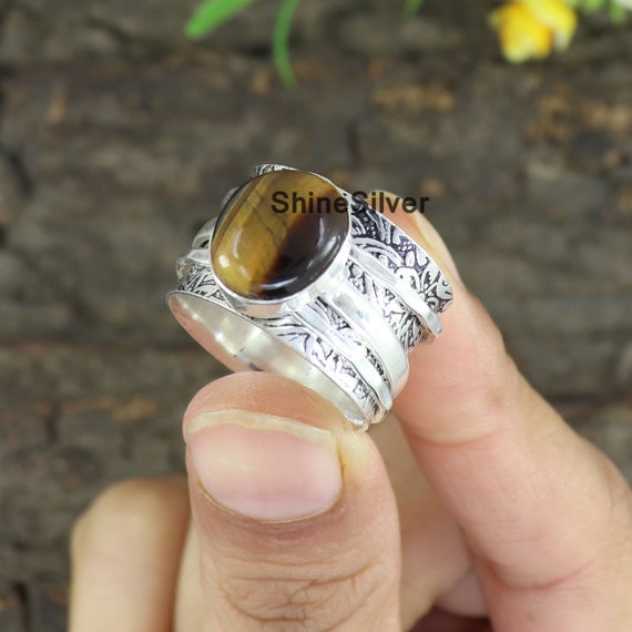 タイガーアイ 925 スターリングシルバー スピナーリング：ハンドメイド
