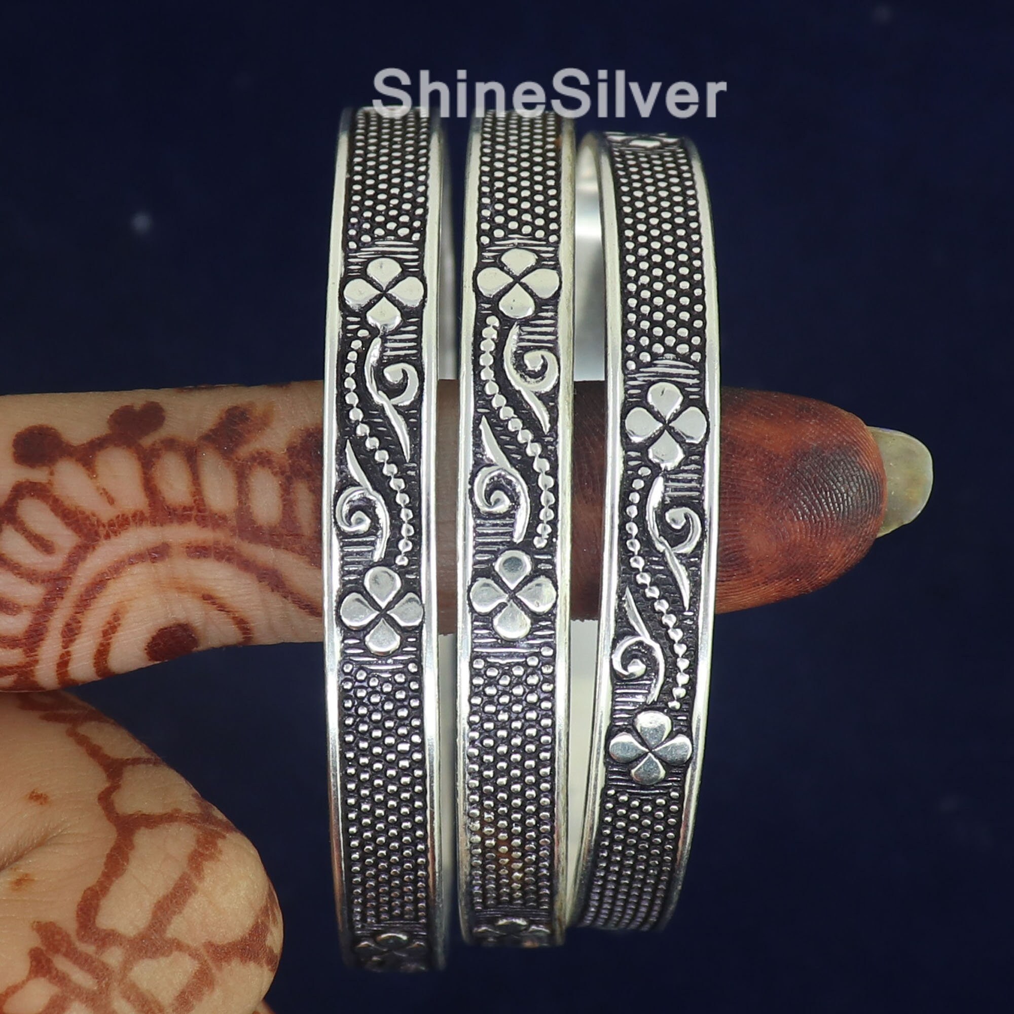 Oxidized Sterling Silver Floral Bangles, Set of 3, West Indian