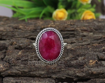 Large Raw Ruby Sterling Silver Ring: Boho Bezel Statement Ring