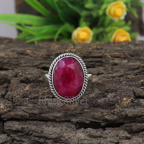 Large Raw Ruby Ring, Sterling Silver Ring, Bohemian Ring, Boho Statement Ring, Gift for Her, Everyday Ring, Ring for Girls,Silver Bezel Ring