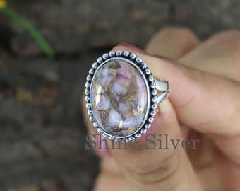 Bague opale rose, cuivre, turquoise : bague tendance bohème en argent sterling