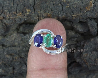 Emerald Ring, Blue Sapphire Ring, Triple Birthstone Ring, Cluster Silver Ring, Sterling Silver Ring, Boho Statement Ring, Bohemian Ring
