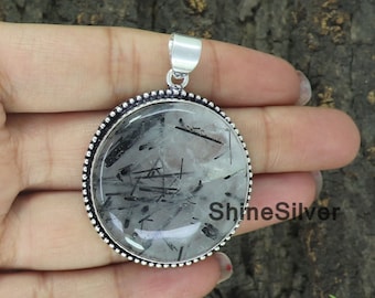 Black Rutile 925 Sterling Silver Pendant: Handmade Gemstone Boho Necklace