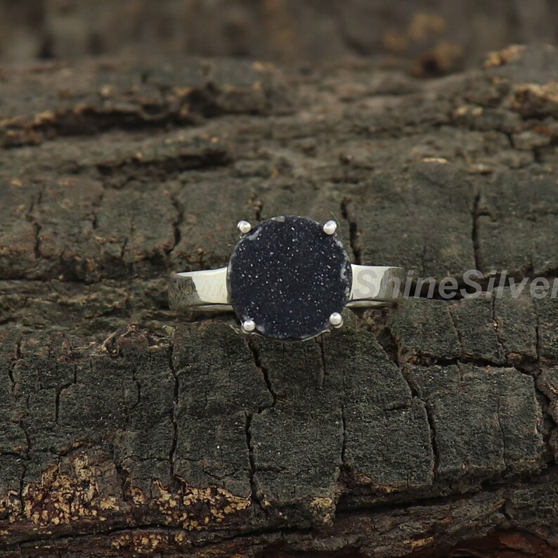 Black Druzy Ring Solitaire Silver Ring Raw Stone Ring Women/'s Ring Promise Ring Best Friend Gifts Gift for Mother Rough Gemstone Ring