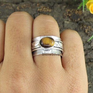 Tiger Eye 925 Sterling Silver Spinner Ring: Fidget Worry Ring