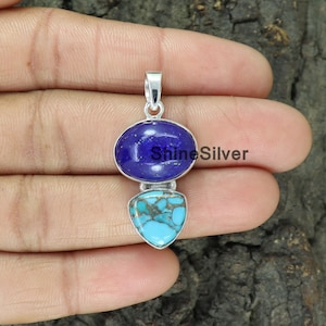 Blue Copper Turquoise Pendant, Lapis Lazuli Gemstone Pendant, 925 Silver Pendant, Turquoise Gemstone Pendant Necklace, Two Stone Pendant