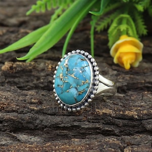 Blue Copper Turquoise Ring, Turquoise Ring, Sterling Silver Ring, Bohemian Ring, Turquoise Ring, Statement Ring, Ring for Women,Promise Ring