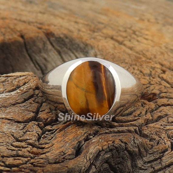 Grande Bague Homme œil De Tigre, Argent Sterling 925, Taille 11, Vintage, Cabochon, Mexique