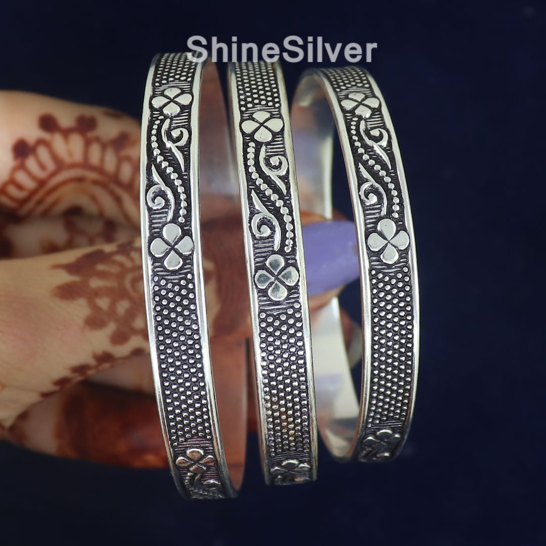 Oxidized Sterling Silver Floral Bangles, Set of 3, West Indian